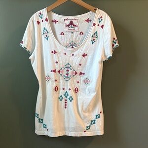 Johnny Was White Tee with Red and Teal Embroidery